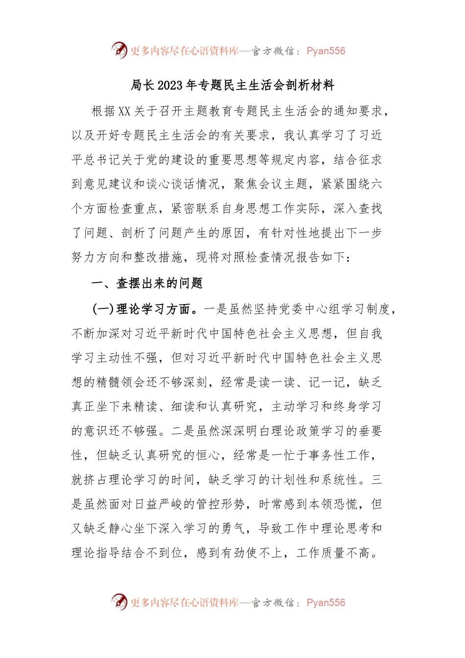 局长2023年专题民主生活会剖析材料.docx_第1页