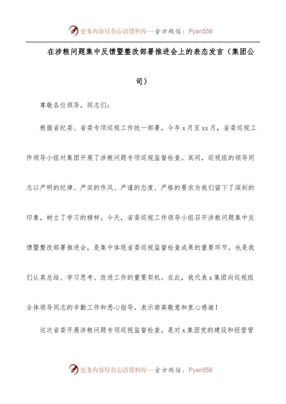 在涉粮问题集中反馈暨整改部署推进会上的表态发言[集团公司].docx_第1页