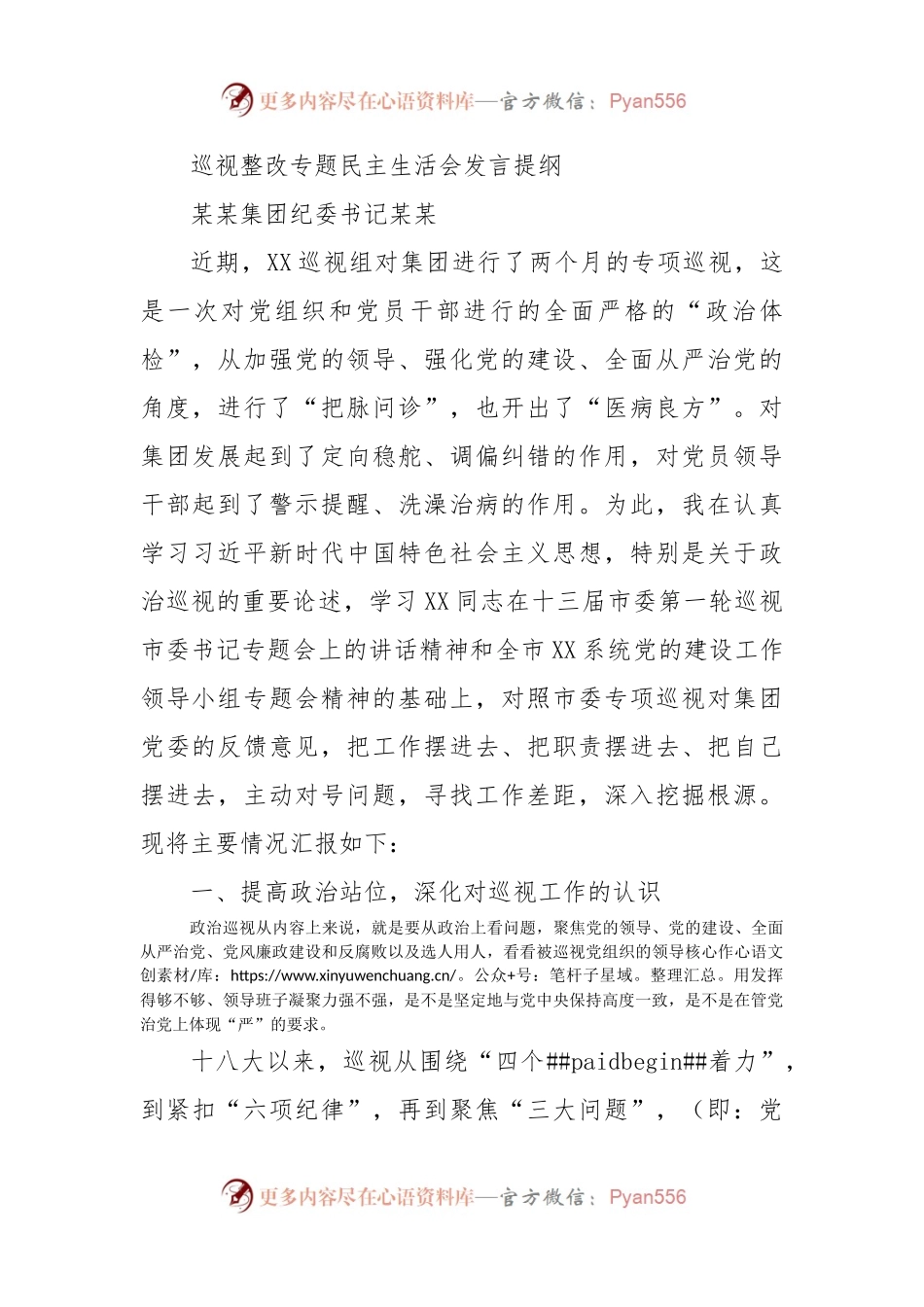 巡视整改专题民主生活会发言提纲（二）.docx_第1页