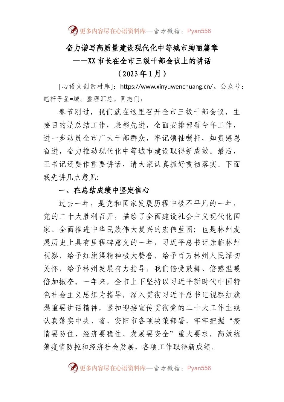 奋力谱写高质量建设现代化中等城市绚丽篇章—市长在全市三级干部会议上的讲话.docx_第1页