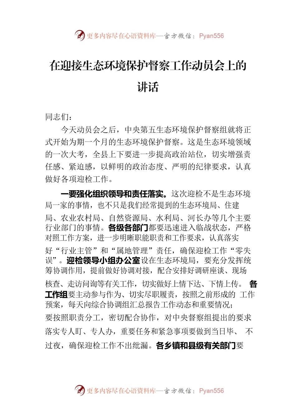 在迎接生态环境保护督察工作动员会上的讲话.docx_第1页