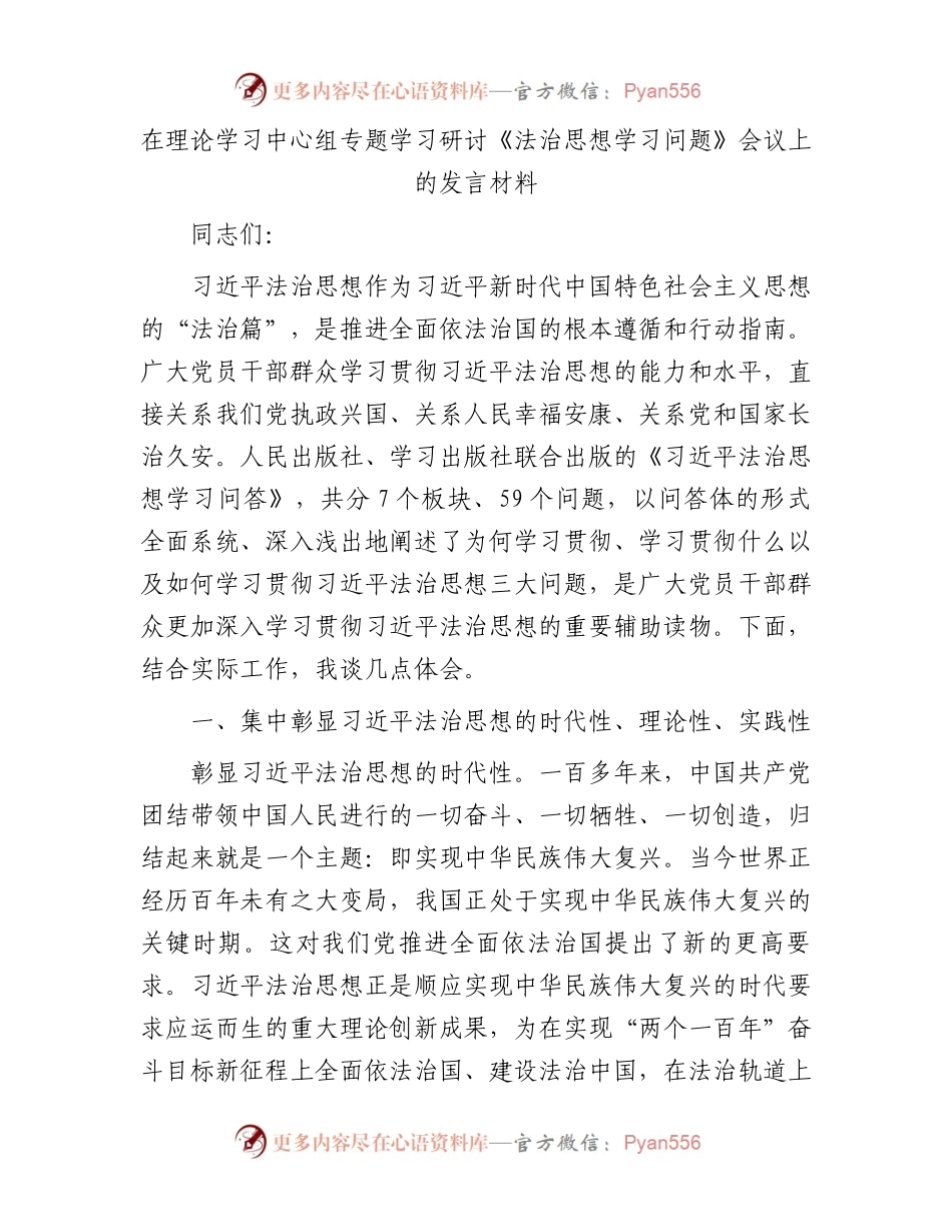 在理论学习中心组专题学习研讨《法治思想学习问题》会议上的发言材料.docx_第1页