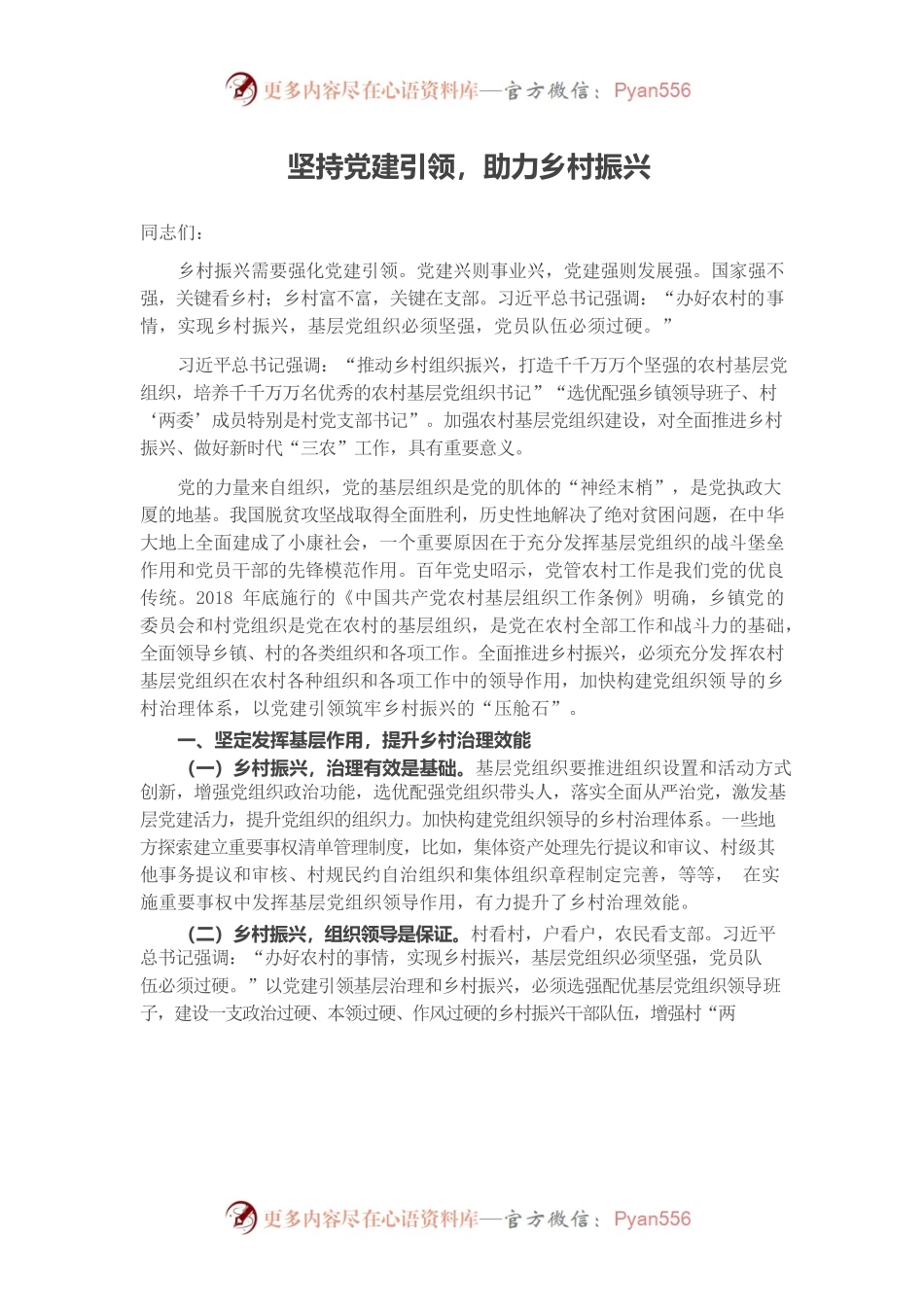 坚持党建引领，助力乡村振兴讲话.docx_第1页