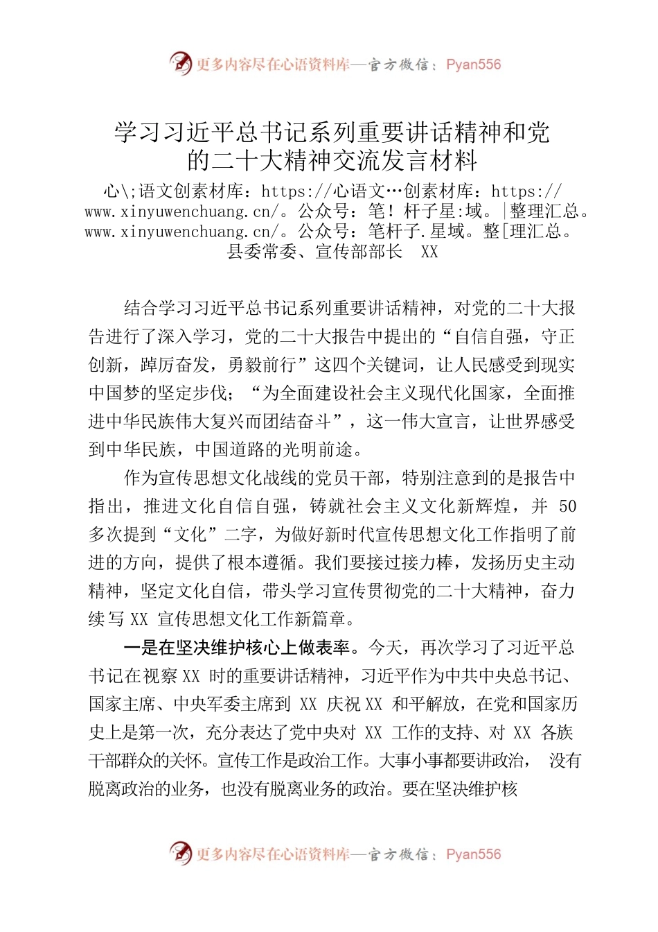 宣传部长党的二十大精神研讨发言材料.docx_第1页