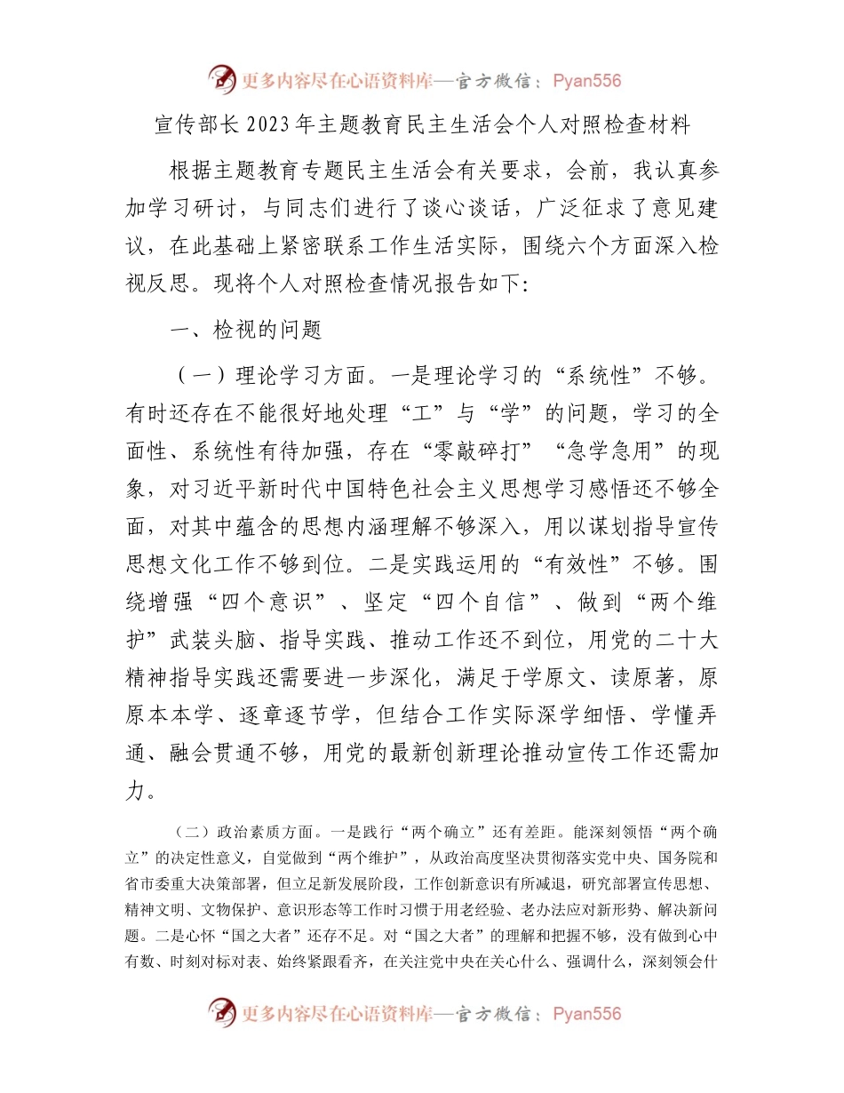 宣传部长2023年主题教育民主生活会个人对照检查材料(1).docx_第1页
