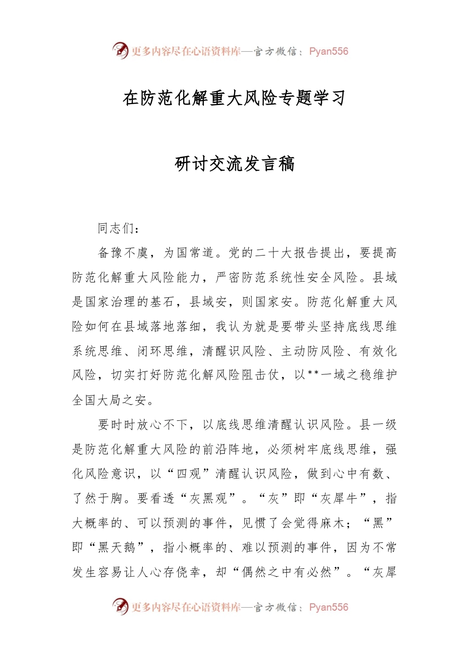 在防范化解重大风险专题学习研讨交流发言稿.docx_第1页