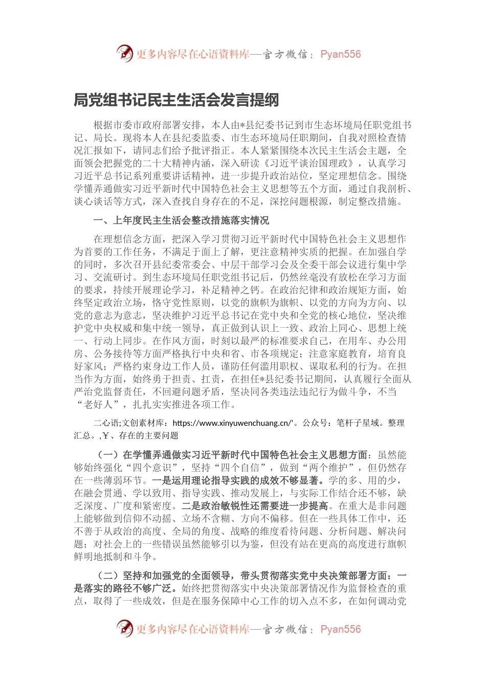 局党组书记民主生活会发言提纲.docx_第1页