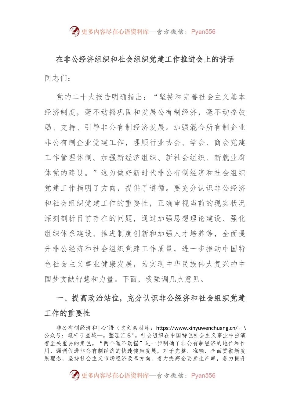在非公经济组织和社会组织党建工作推进会上的讲话.docx_第1页