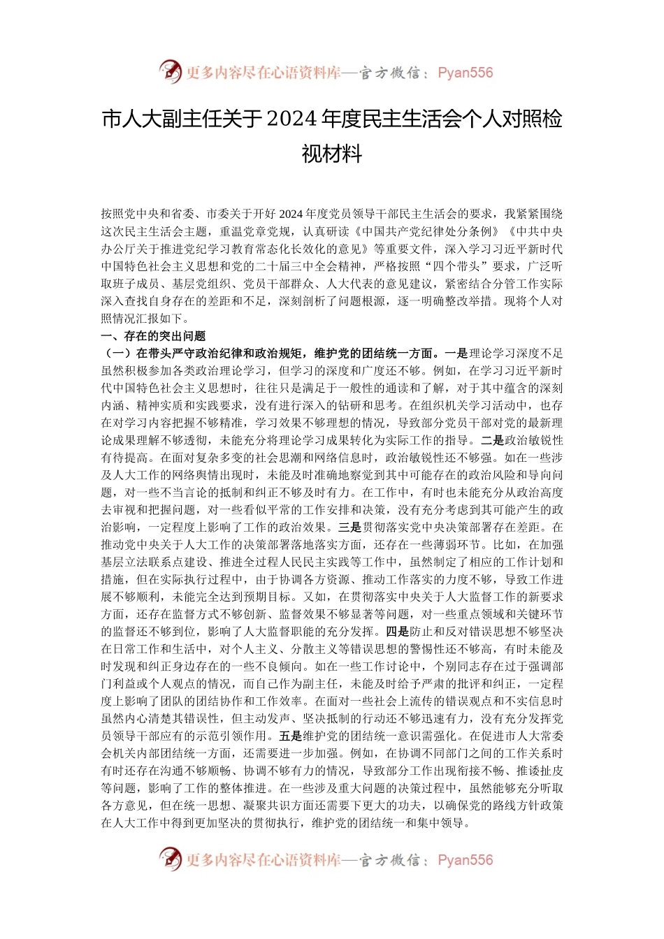 市人大副主任关于2024年度民主生活会个人对照检视材料.docx_第1页