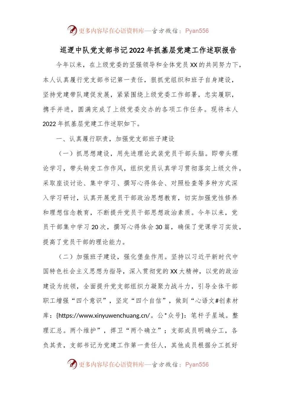 巡逻中队党支部书记2022年抓基层党建工作述职报告.docx_第1页