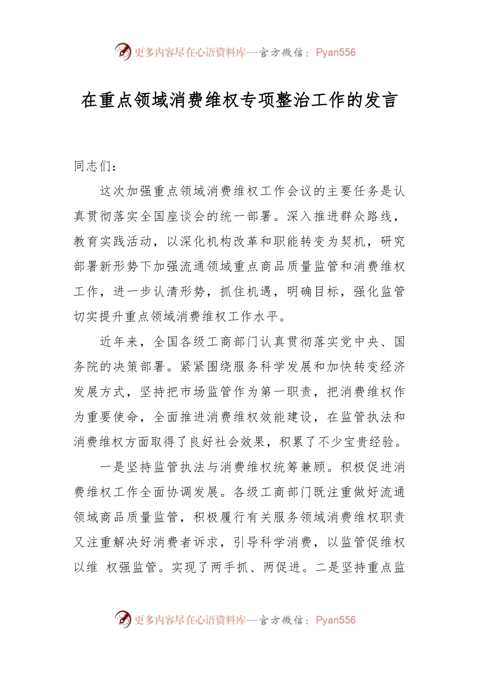 在重点领域消费维权专项整治工作的发言.docx_第1页