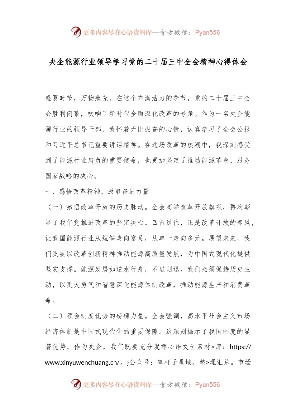 央企能源行业领导学习党的二十届三中全会精神心得体会.docx_第1页