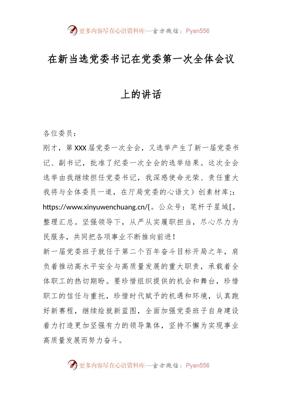 在新当选党委书记在党委第一次全体会议上的讲话.docx_第1页