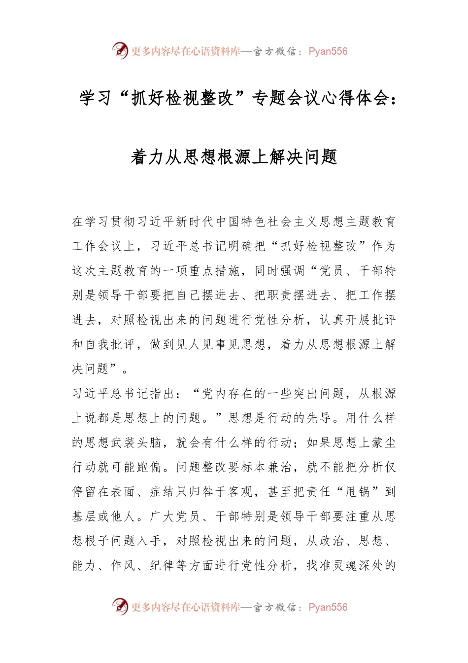 学习“抓好检视整改”专题会议心得体会：着力从思想根源上解决问题.docx_第1页