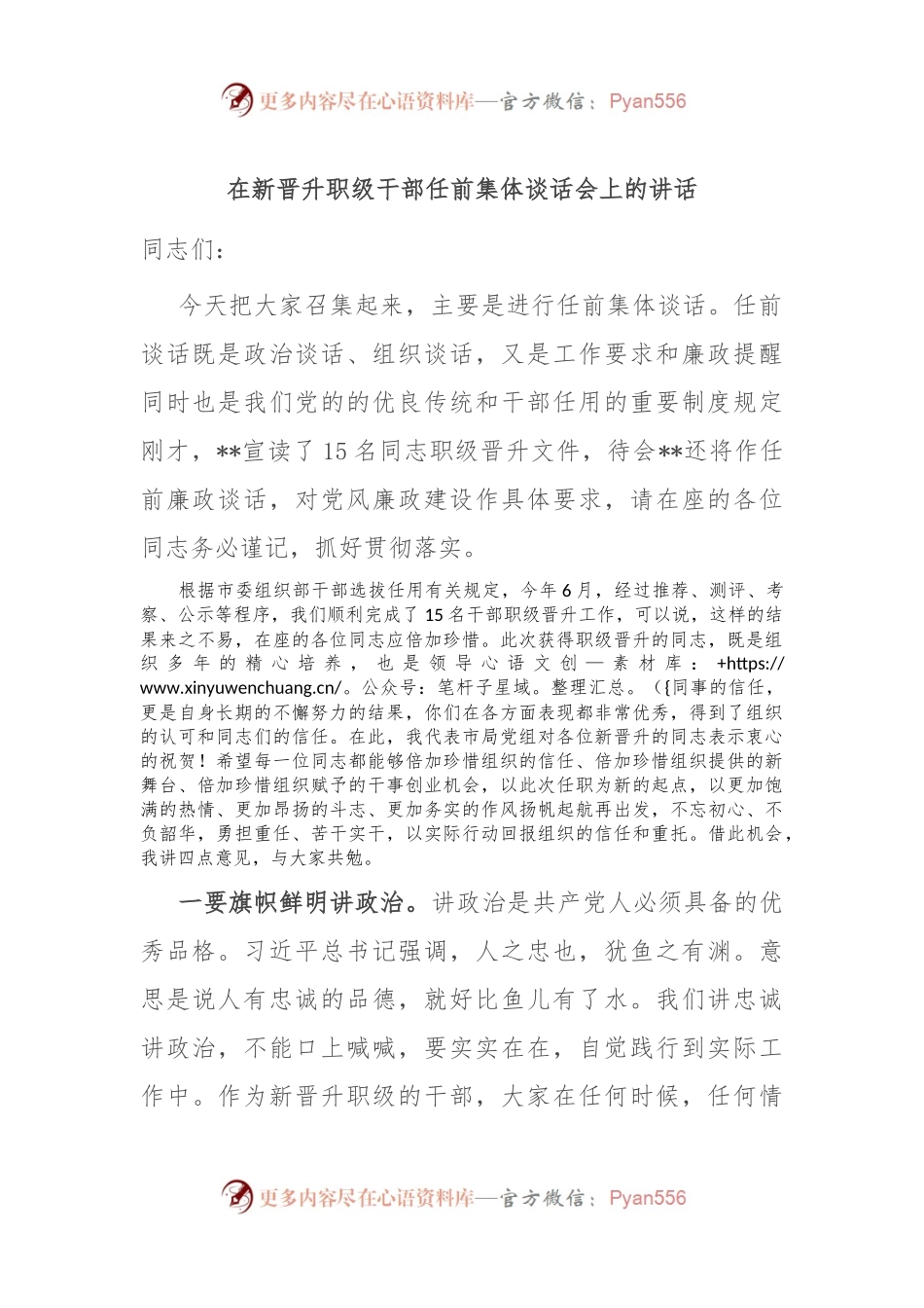 在新晋升职级干部任前集体谈话会上的讲话.docx_第1页