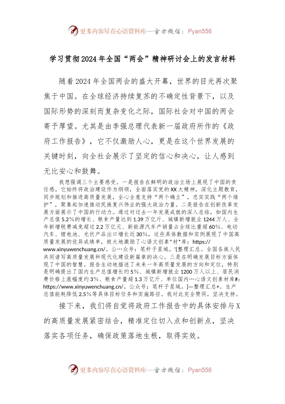 学习贯彻2024年全国“两会”精神研讨会上的发言材料.docx_第1页