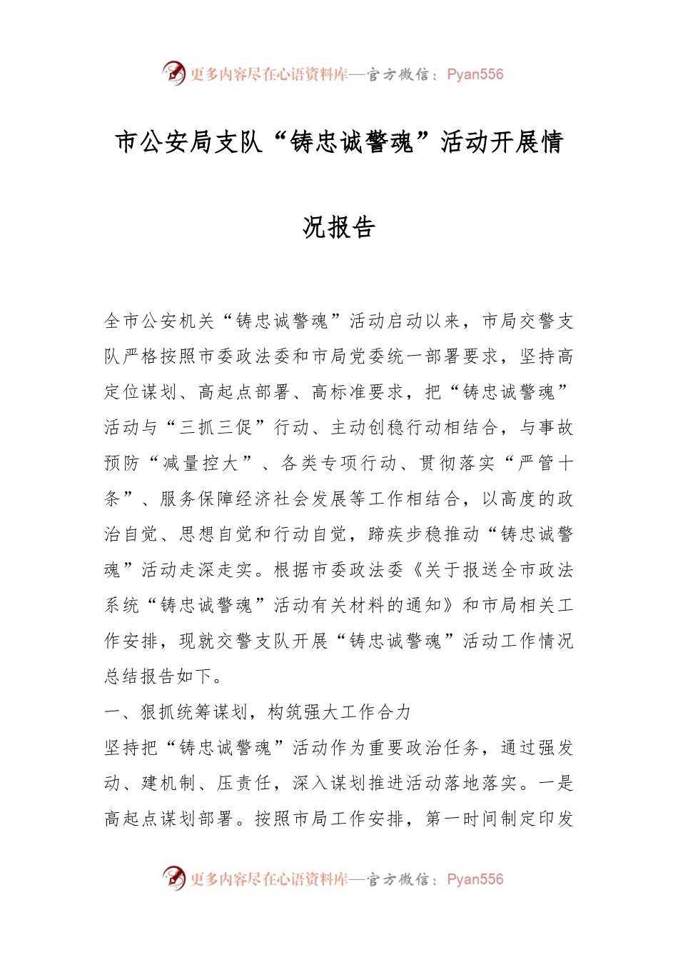 市公安局支队“铸忠诚警魂”活动开展情况报告.docx_第1页