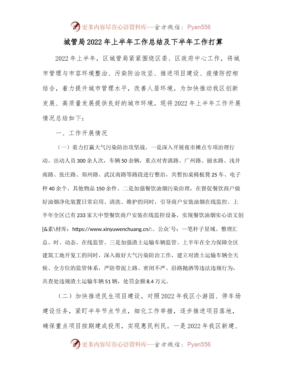 城管局2022年上半年工作总结及下半年工作打算.docx_第1页