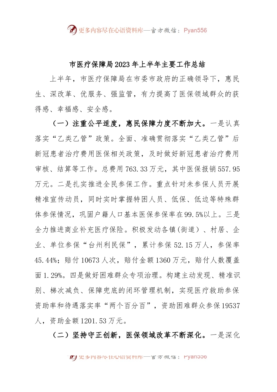 市医疗保障局2023年上半年主要工作总结.docx_第1页