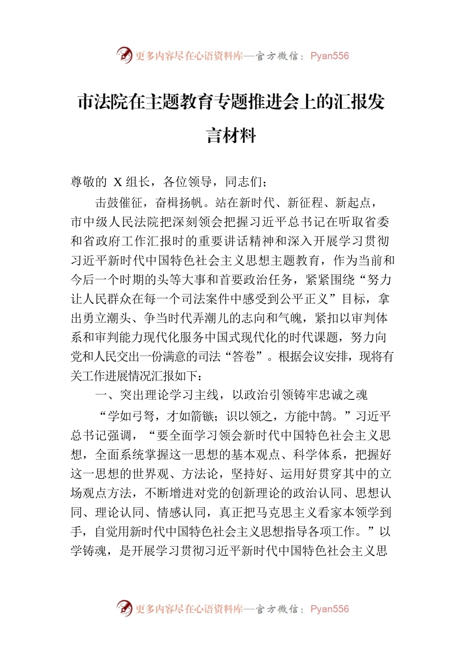 市法院在主题教育专题推进会上的汇报发言材料.docx_第1页