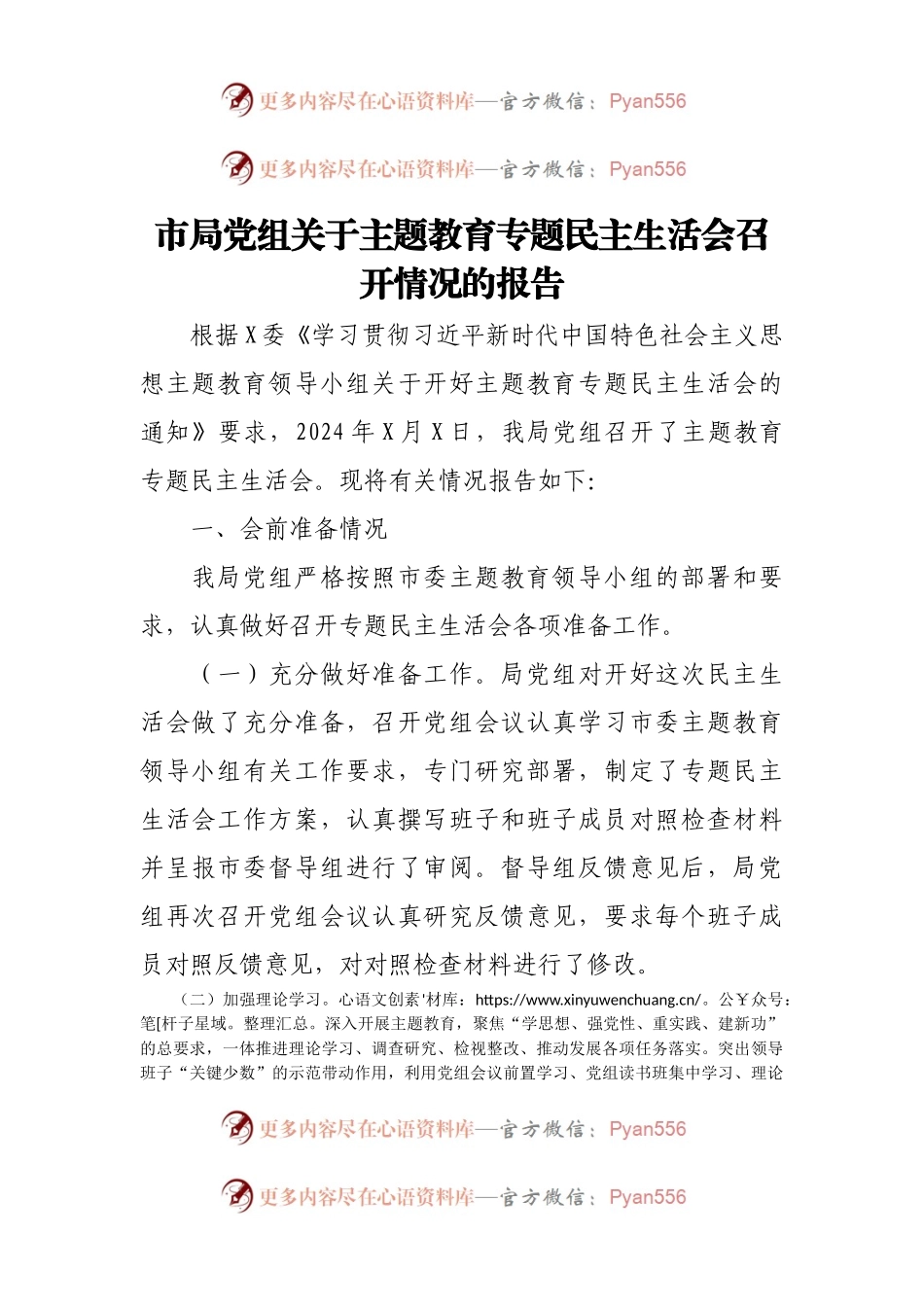 市局党组关于主题教育专题民主生活会召开情况的报告.docx_第1页