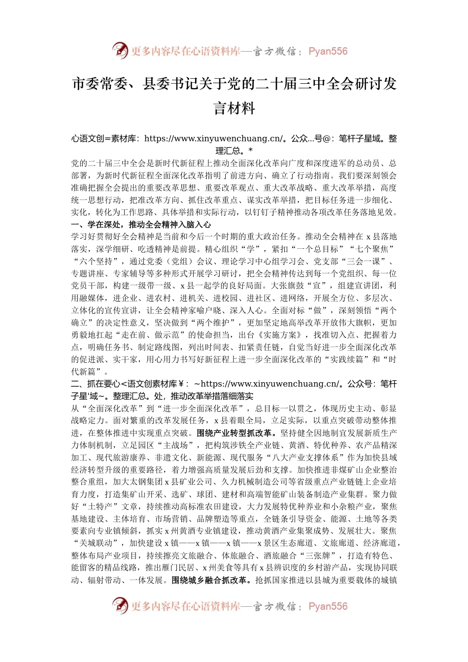 市委常委、县委书记关于党的二十届三中全会研讨发言材料.docx_第1页