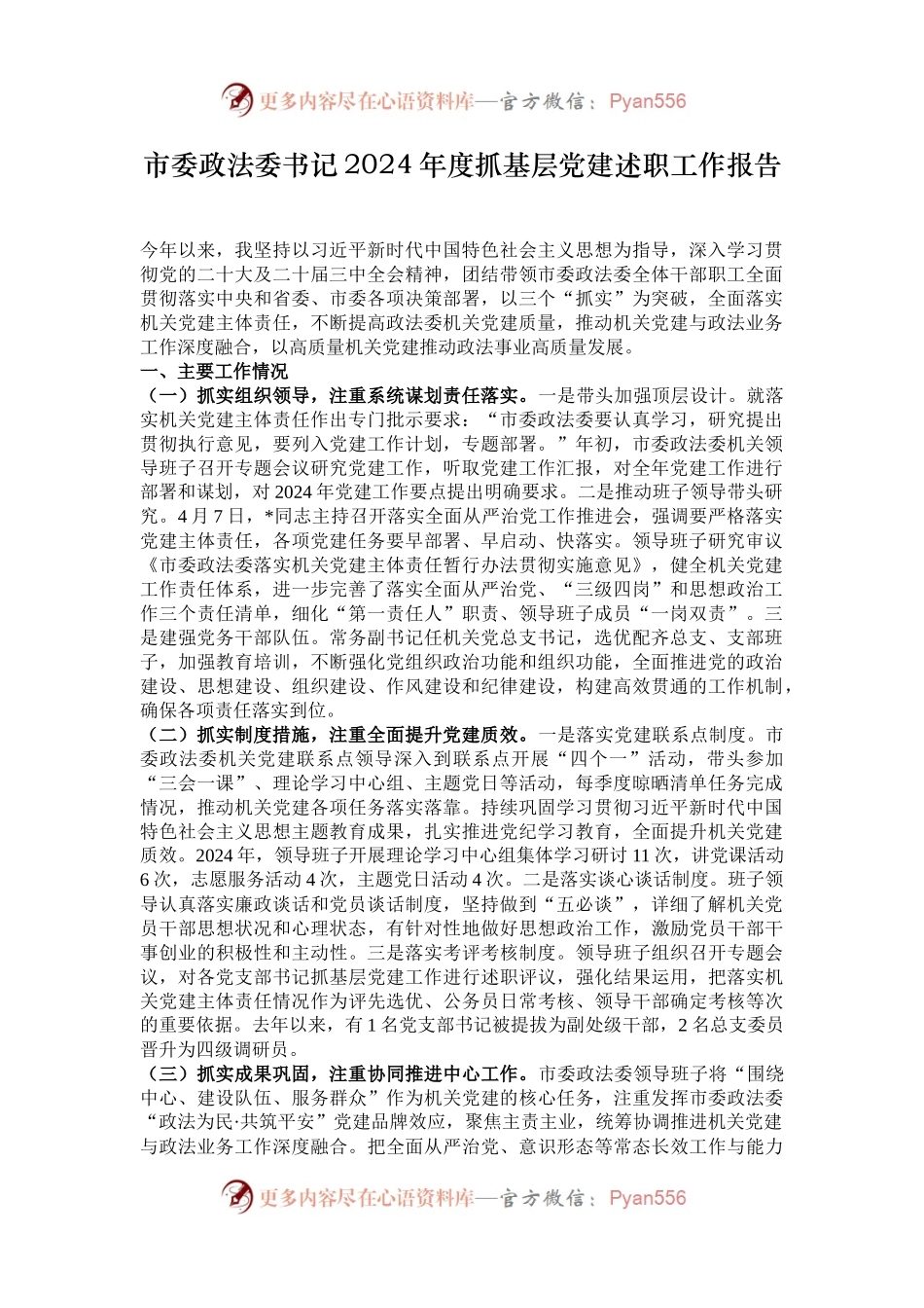 市委政法委书记2024年度抓基层党建述职工作报告.docx_第1页