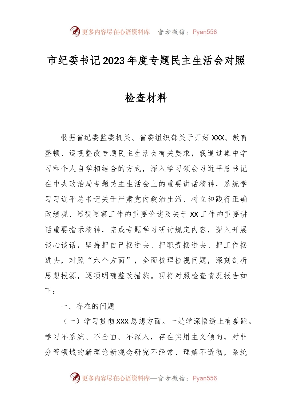 市纪委书记2023年度专题民主生活会对照检查材料.docx_第1页