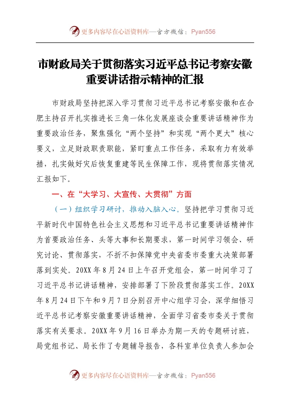 市财政局（国资委）关于贯彻落实习近平总书记考察安徽重要讲话指示精神的汇报..docx_第1页