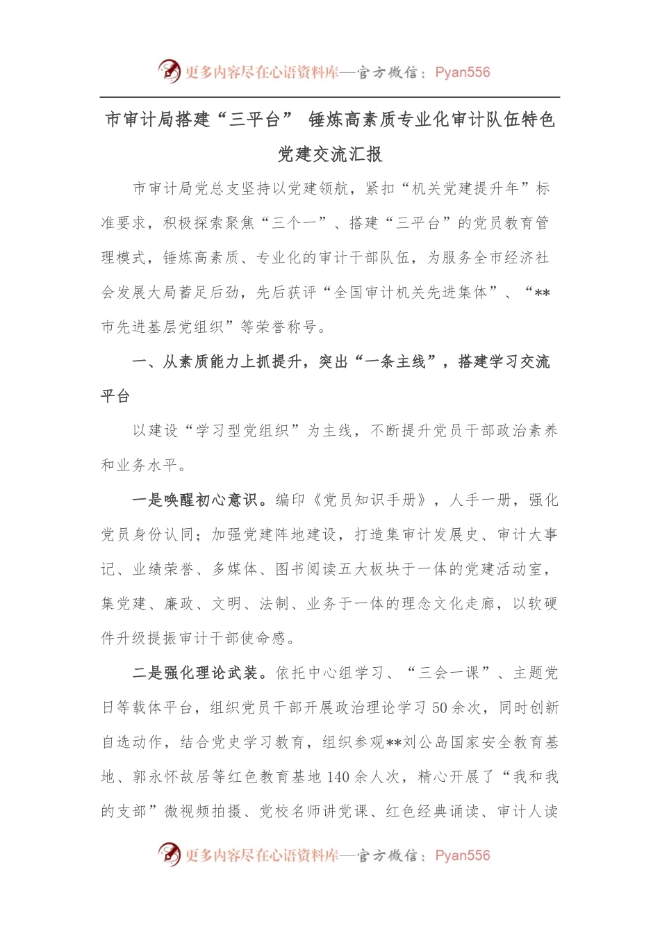 市审计局搭建“三平台” 锤炼高素质专业化审计队伍特色党建交流汇报.docx_第1页