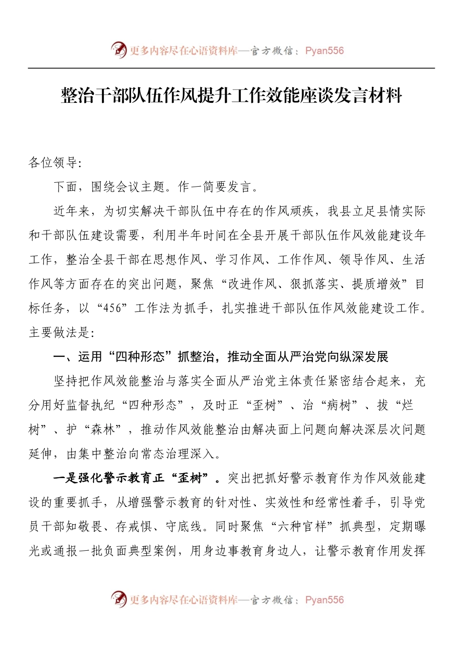 整治干部队伍作风提升工作效能座谈发言材料.docx_第1页