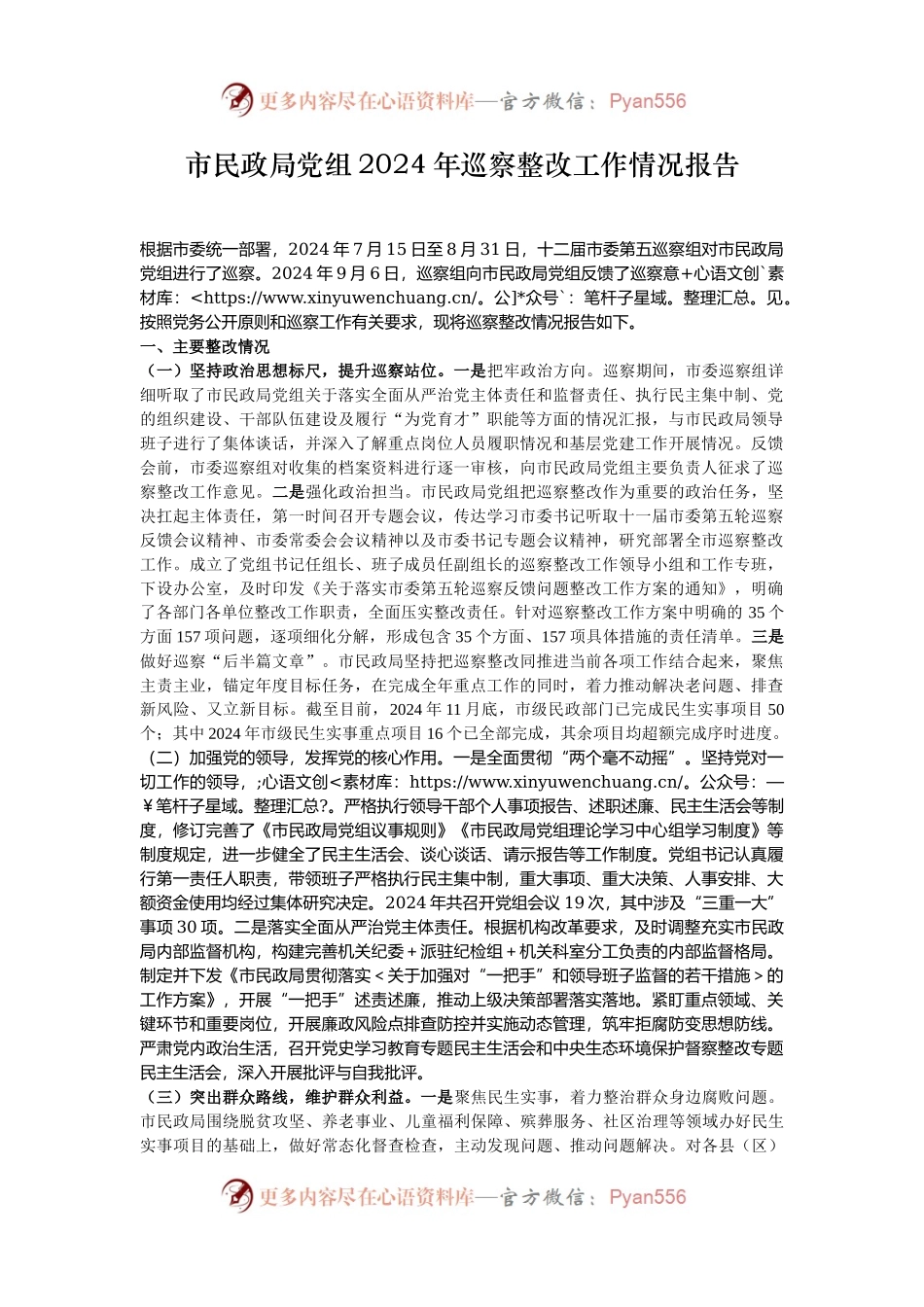 市民政局党组2024年巡察整改工作情况报告.docx_第1页