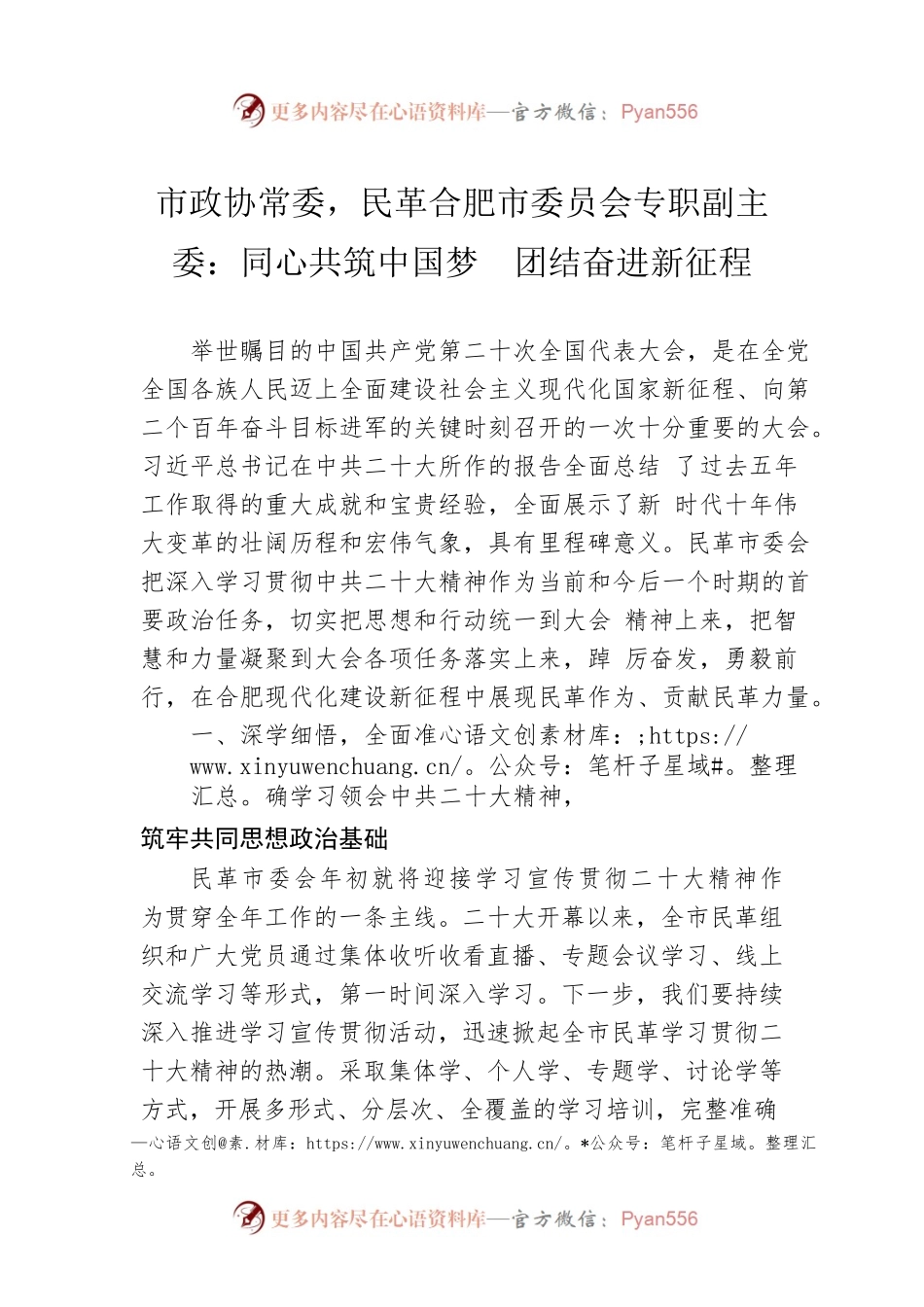 市政协常委，民革合肥市委员会专职副主委：同心共筑中国梦  团结奋进新征程（20221111）.docx_第1页