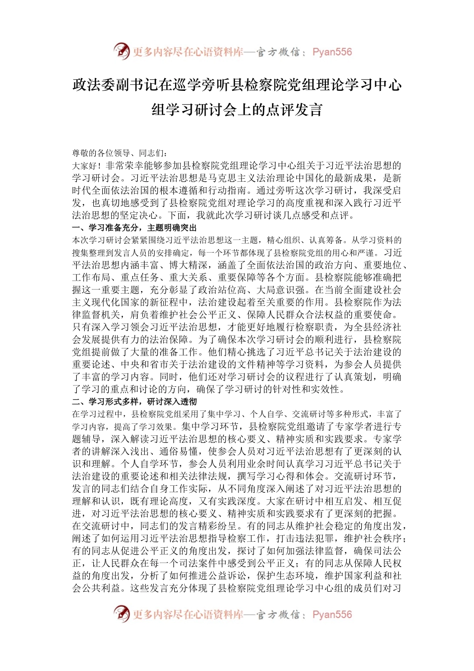 政法委副书记在巡学旁听县检察院党组理论学习中心组学习研讨会上的点评发言.docx_第1页