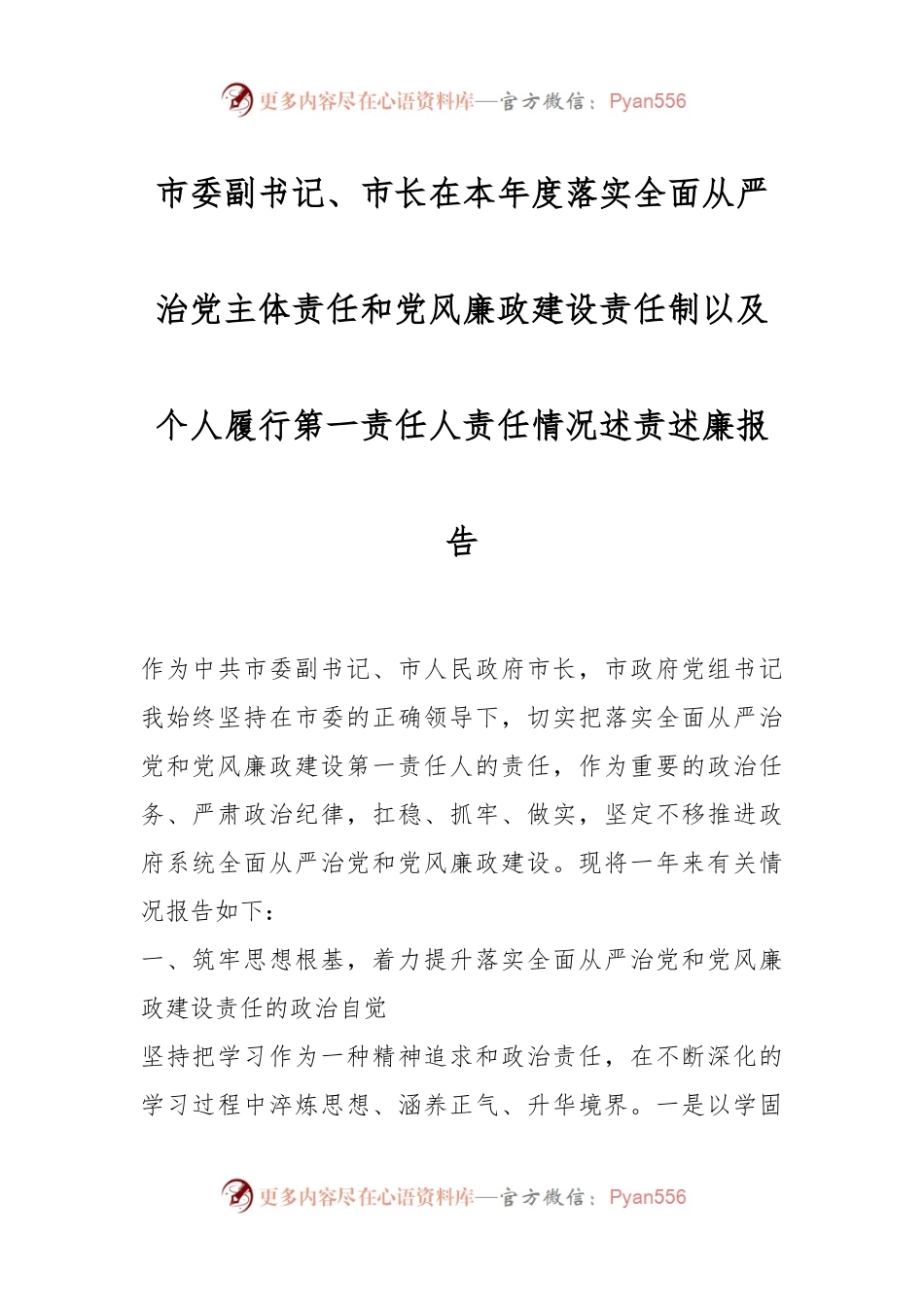 市委副书记、市长在本年度落实全面从严治党主体责任和党风廉政建设责任制以及个人履行第一责任人责任情况述责述廉报告.docx_第1页