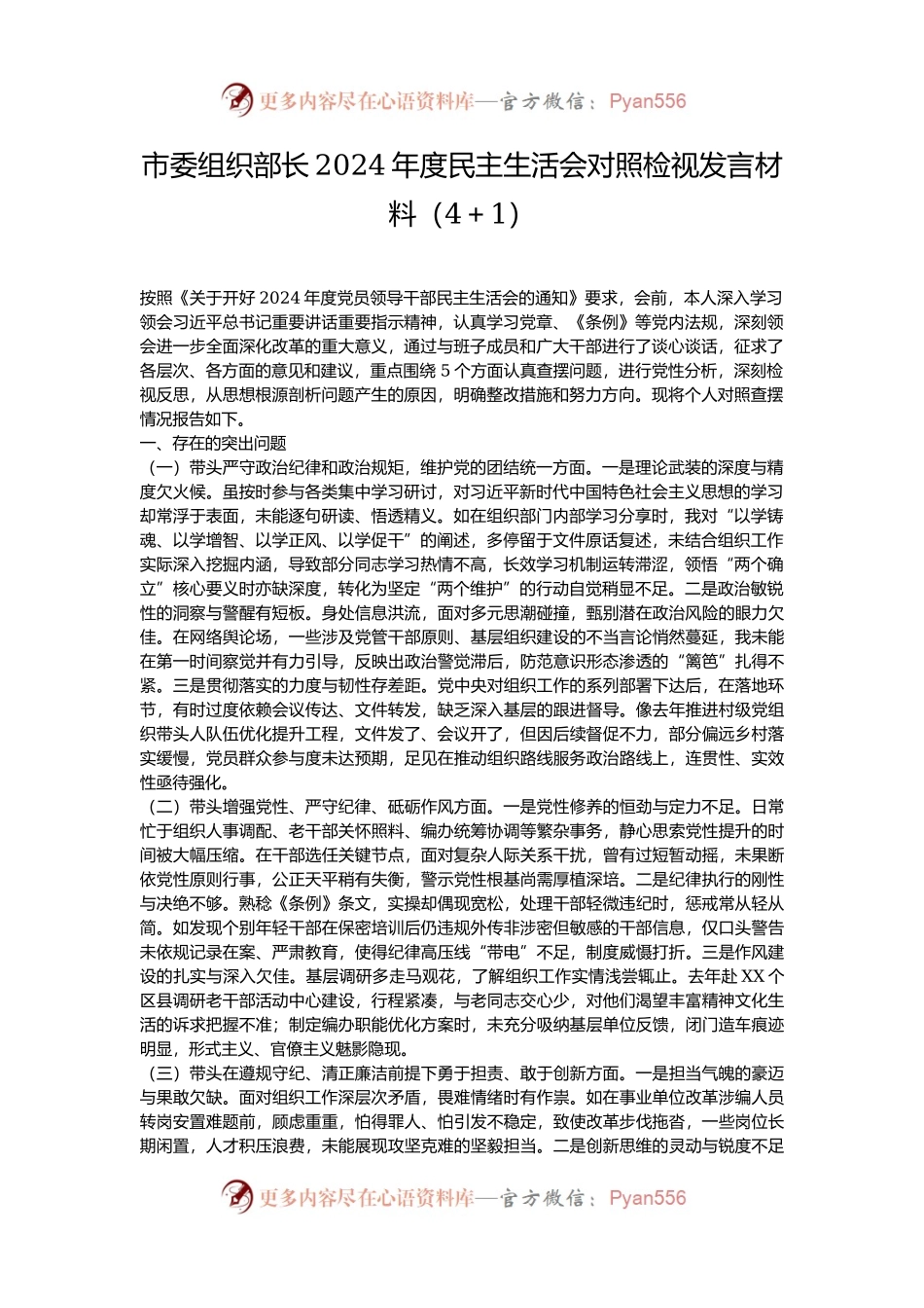 市委组织部长2024年度民主生活会对照检视发言材料（4＋1）.docx_第1页