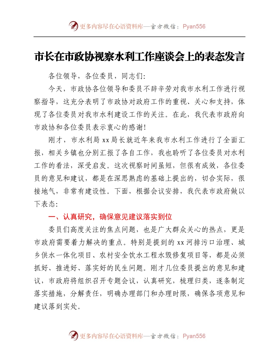市长在市政协视察水利工作座谈会上的表态发言.docx_第1页