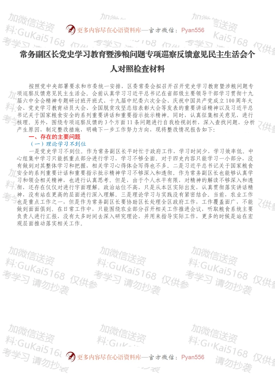 常务副区长党史学习教育暨涉粮问题专项巡察反馈意见民主生活会个人对照检查材料.docx_第1页