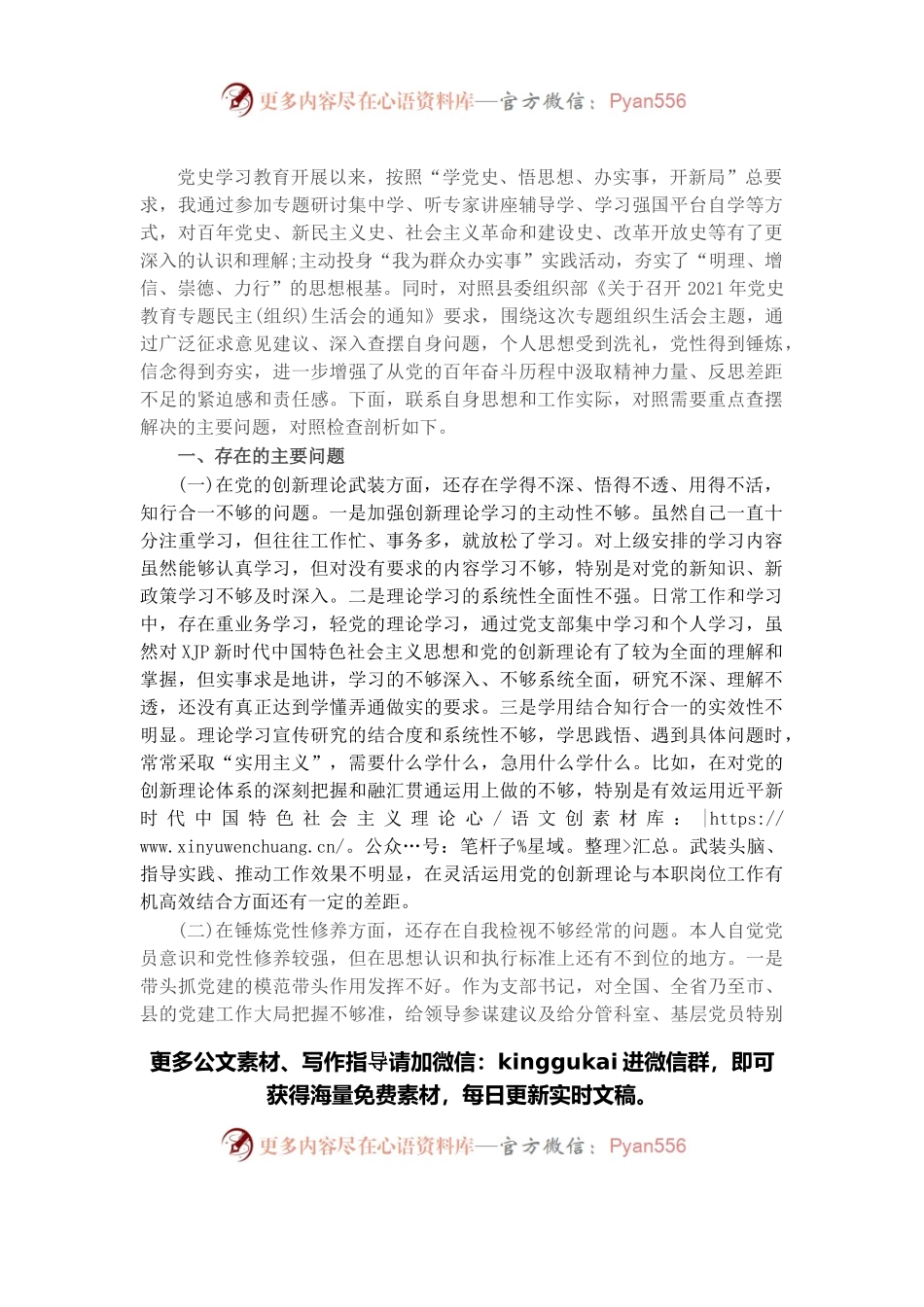 支部书记2021年度党史学习教育专题专题组织生活会个人对照检查剖析材料.docx_第1页