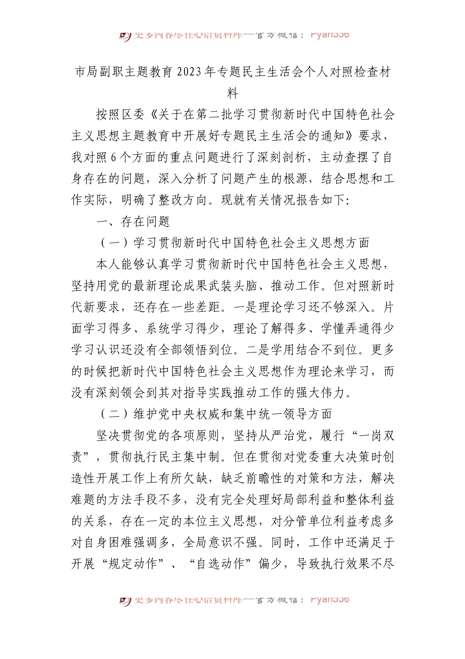 市局副职主题教育2023年专题民主生活会个人对照检查材料.docx_第1页