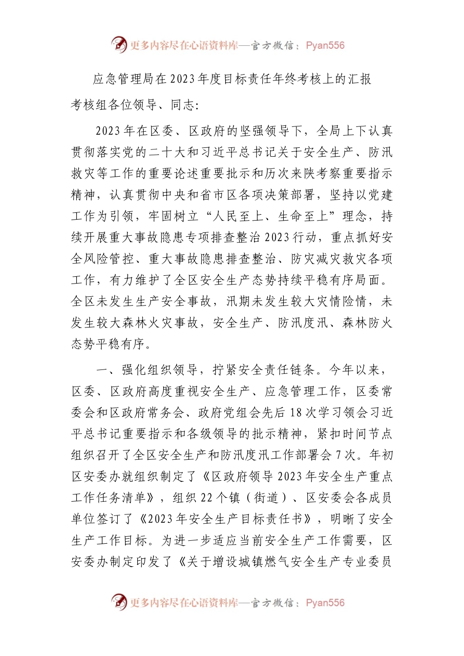 应急管理局在2023年度目标责任年终考核上的总结汇报.docx_第1页