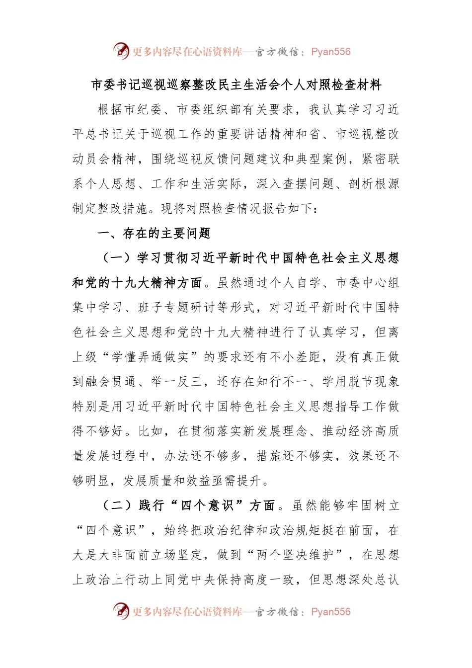 市委书记巡视巡察整改民主生活会个人对照检查材料.docx_第1页