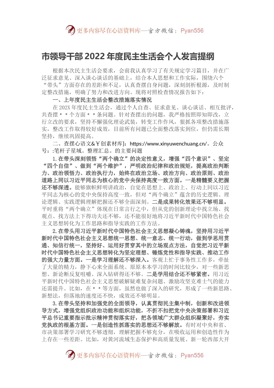 市领导干部2022年度民主生活会个人发言提纲.docx_第1页