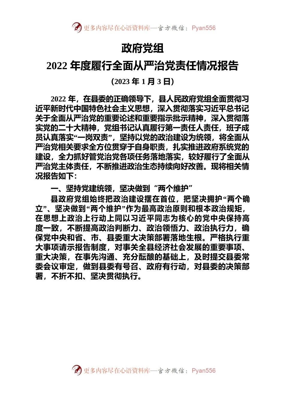 政府党组2022年度履行全面从严治党责任情况报告.docx_第1页