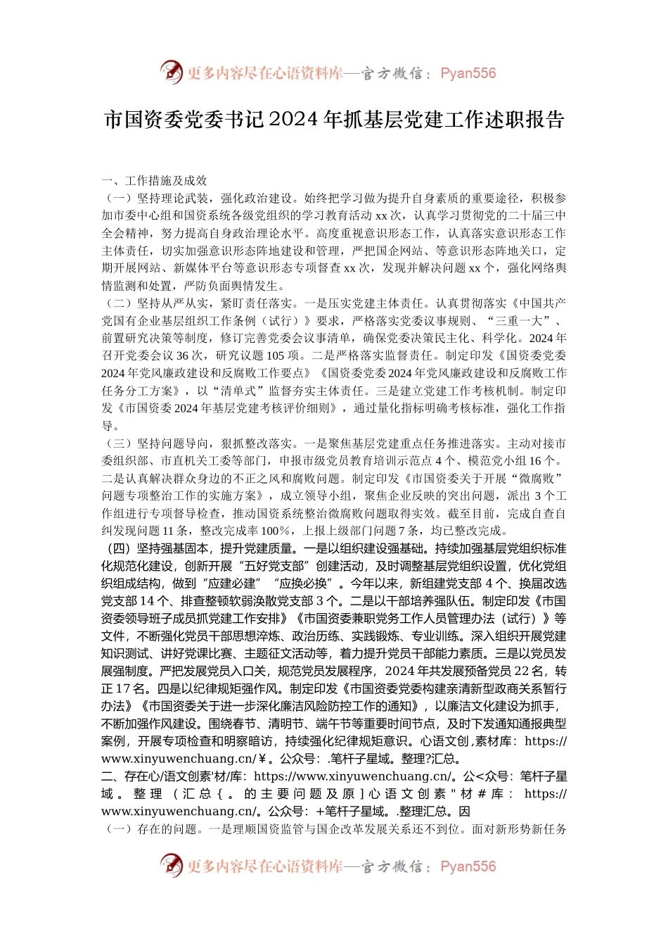 市国资委党委书记2024年抓基层党建工作述职报告.docx_第1页