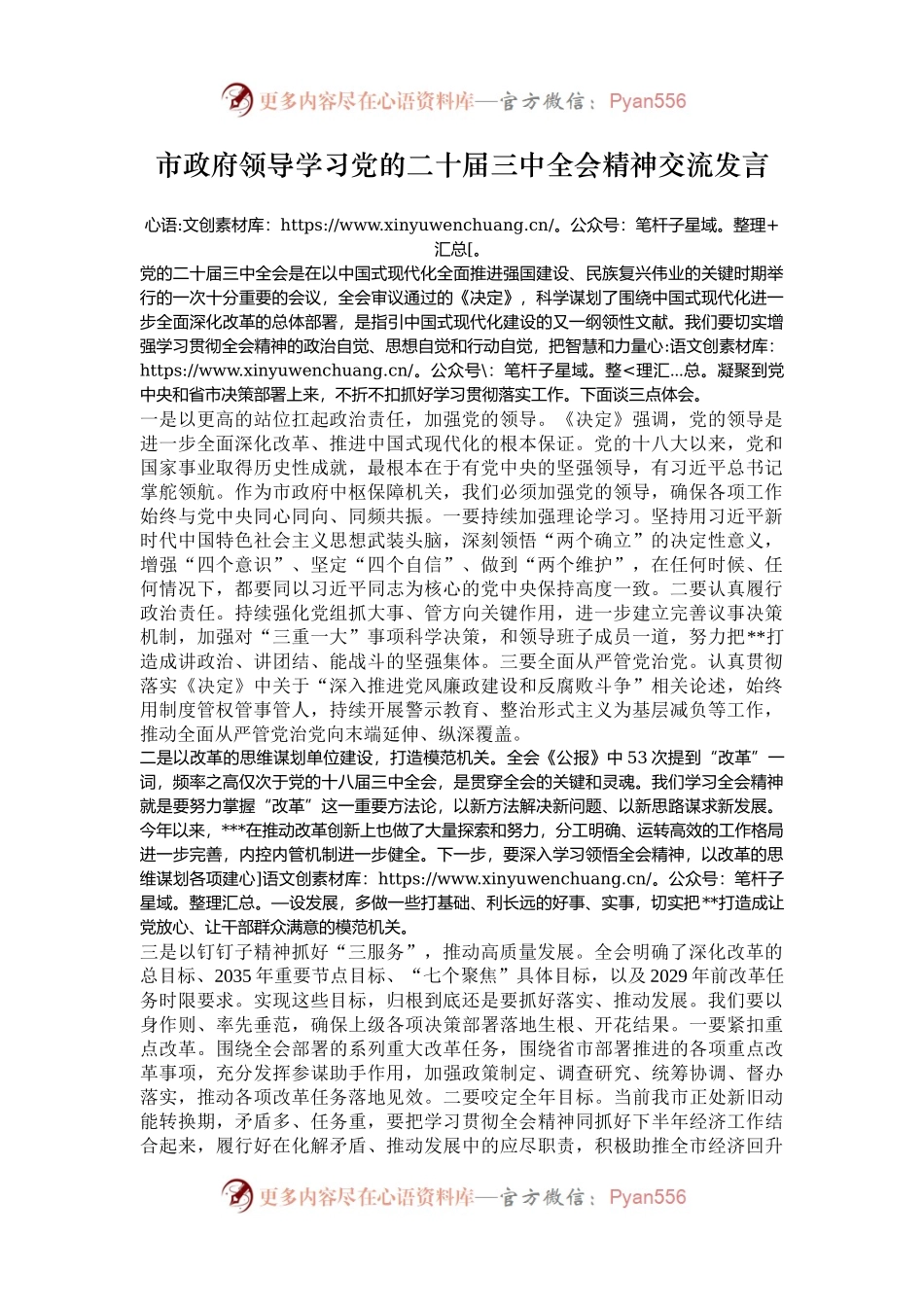 市政府领导学习党的二十届三中全会精神交流发言.docx_第1页