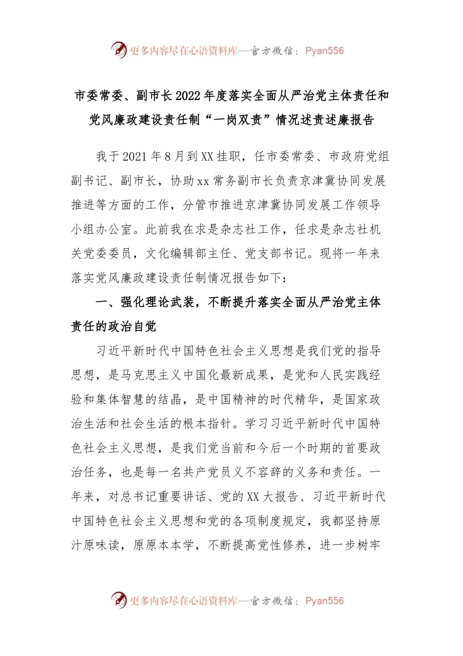 市委常委、副市长2022年度落实全面从严治党主体责任和党风廉政建设责任制“一岗双责”情况述责述廉报告.docx_第1页