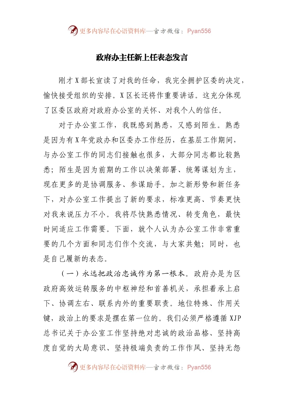 政府办公室主任新上任表态发言.docx_第1页