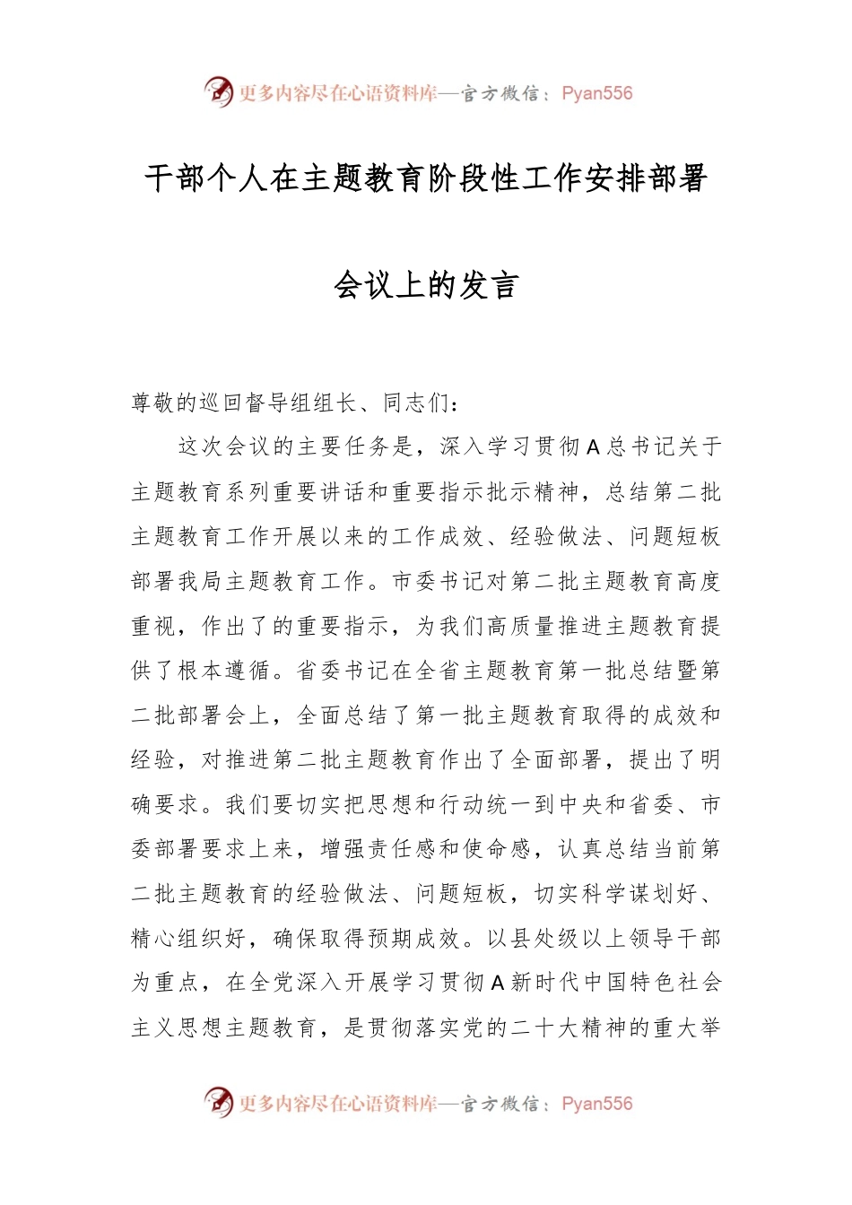 干部个人在主题教育阶段性工作安排部署会议上的发言.docx_第1页