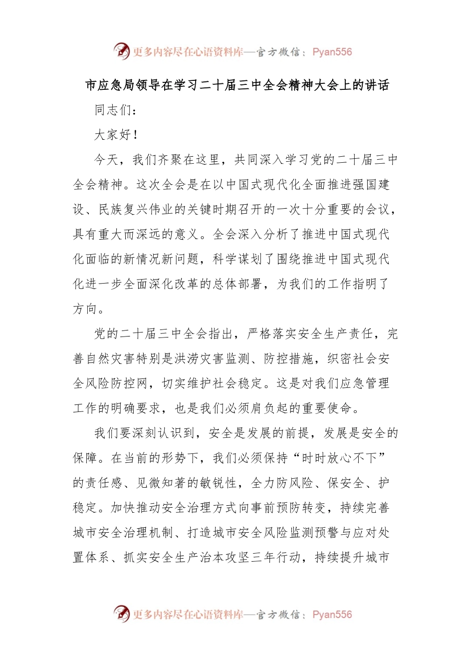 市应急局领导在学习二十届三中全会精神大会上的讲话.docx_第1页